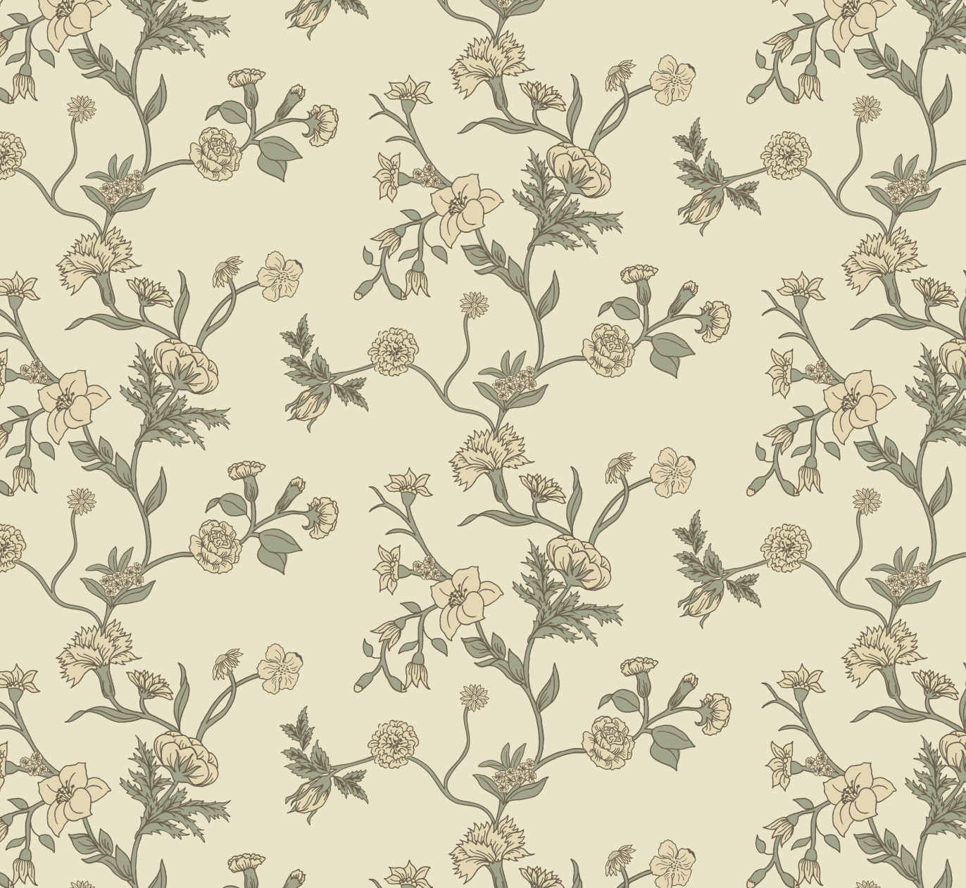 A seamless pattern of vintage trailing floral design with flowers, leaves, and stems in muted green and cream tones.