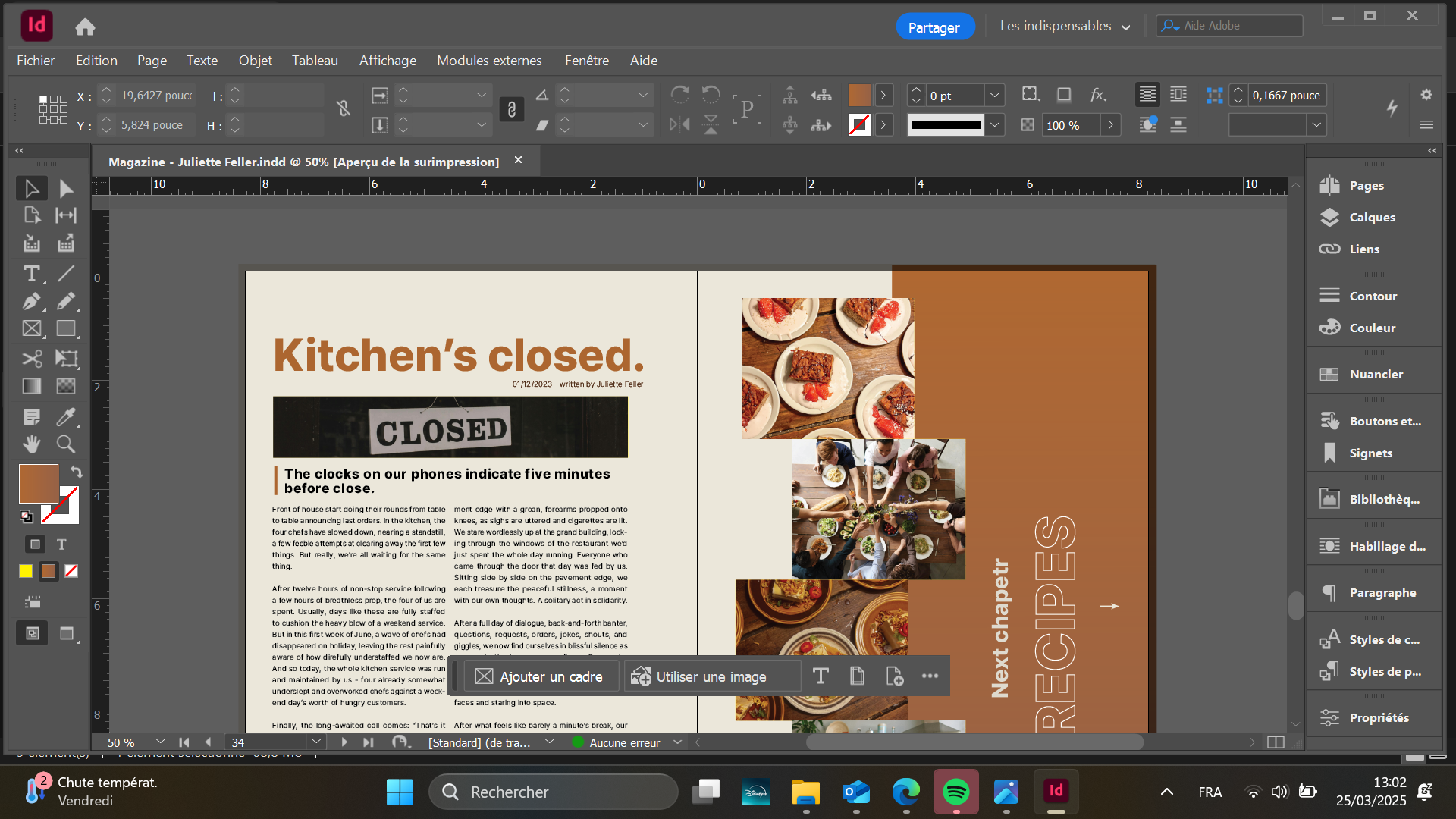 Screenshot of an Adobe InDesign workspace showing a magazine spread design. The left page features an article titled 'Kitchen’s Closed' with a paragraph text below. On the right page, there's a brown background with small images of food and a group d