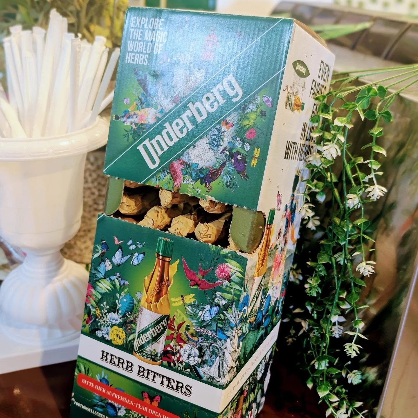 Now in stock. Underberg is a German herbal digestif (bitters) made from a blend of herbs from 43 countries, aged in oak casks. It's traditionally served neat, at room temperature, in its distinctive small 20ml bottle wrapped in straw-colored paper &m