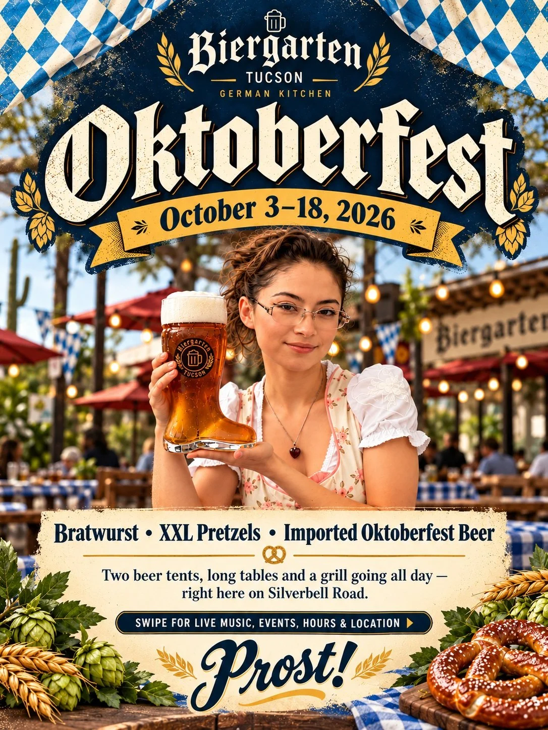 🥨🍺 OKTOBERFEST IS COMING TO SILVERBELL ROAD! 🍺🥨

October 3&ndash;18, we're turning Biergarten Tucson into a little piece of Munich: two beer tents, long tables, and a grill going all day long. 🇩🇪

🌭 Bratwurst
🥨 XXL Pretzels
🍻 Imported Oktobe