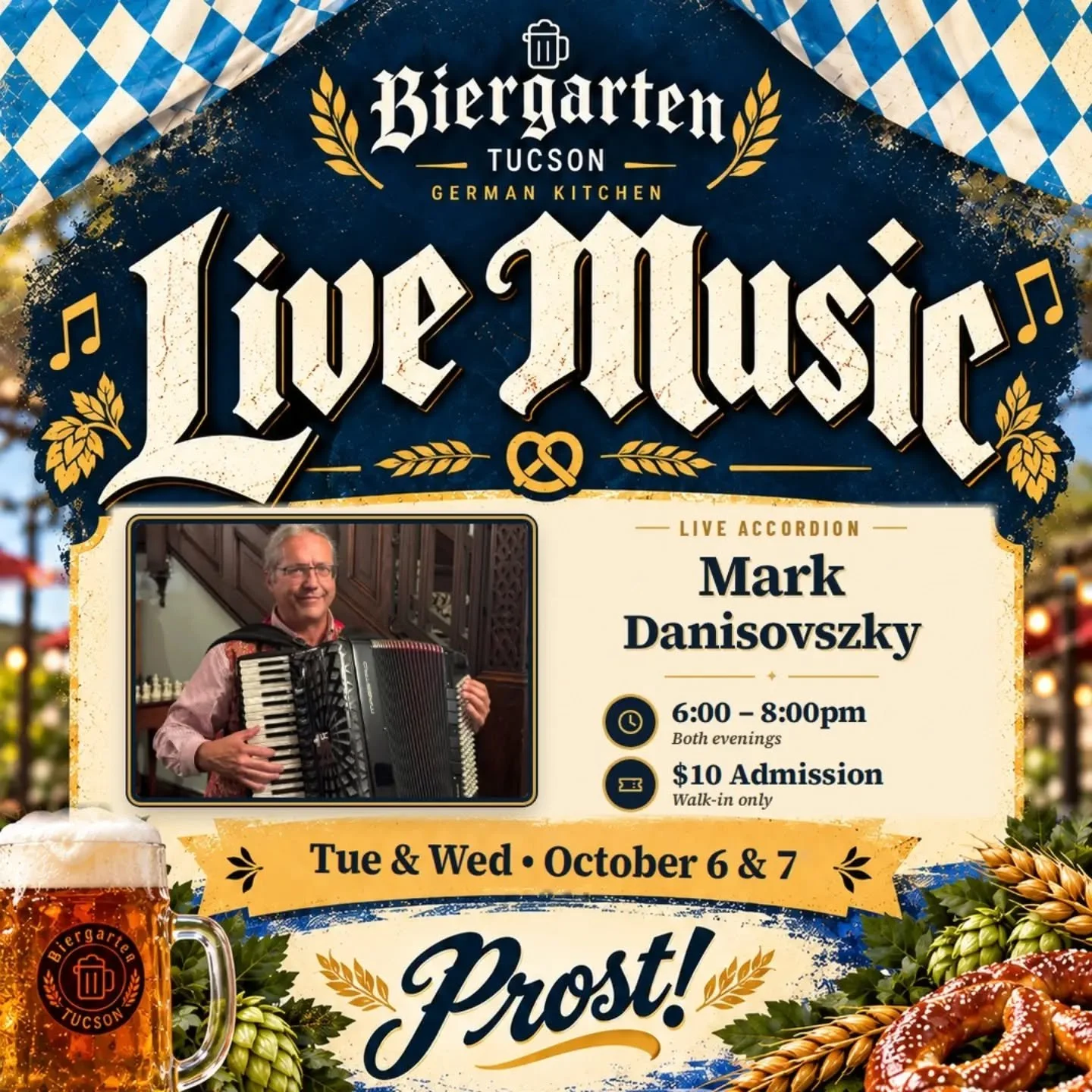 🎶 Accordion night at Oktoberfest! 🪗

Mark Danisovszky brings live accordion music to the Biergarten on Tuesday, Oct 6 &amp; Wednesday, Oct 7 from 6&ndash;8pm.

Grab a Ma&szlig;, a bratwurst and an XXL pretzel and enjoy the music under the lights. ?