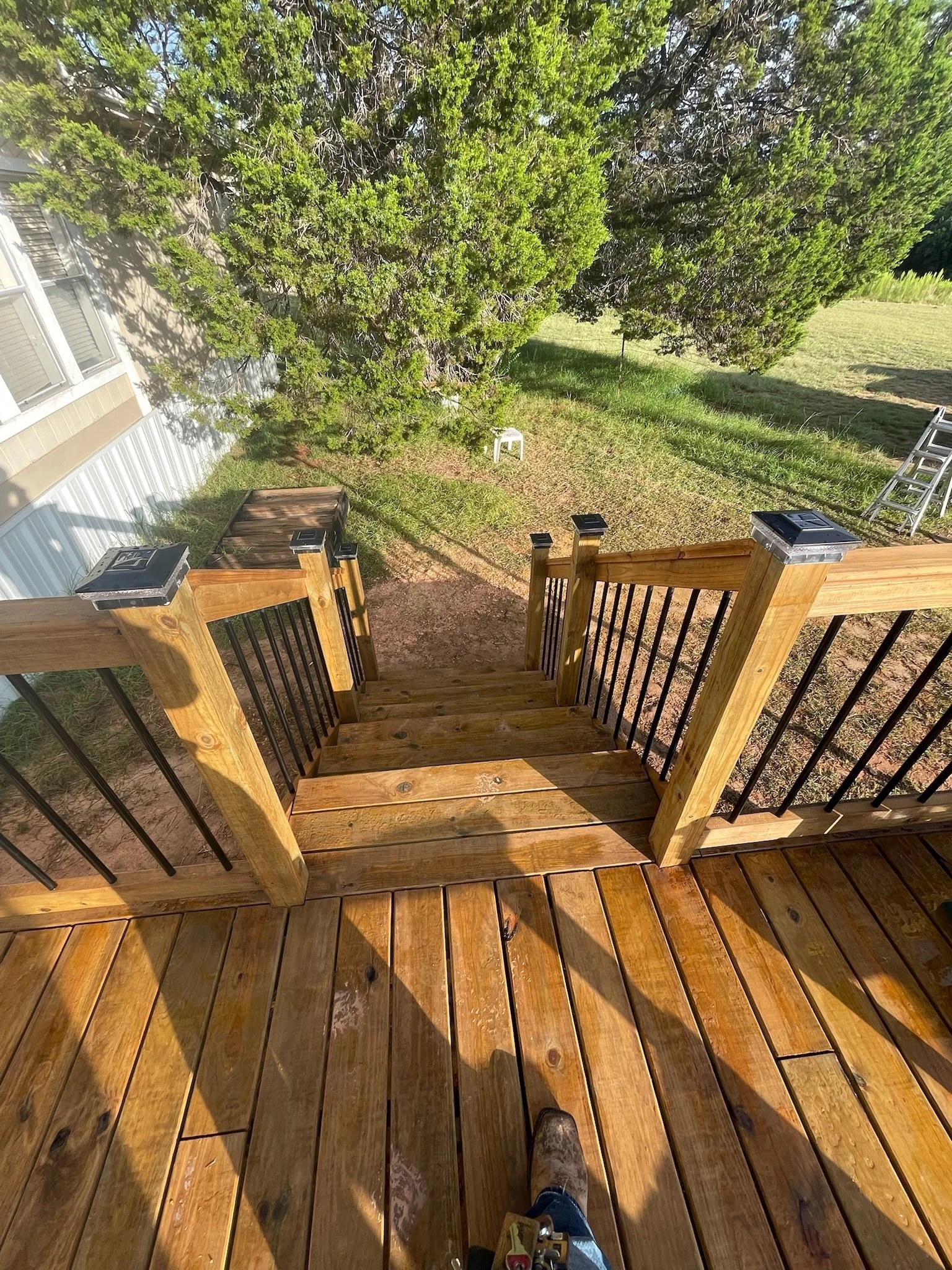A person standing on a wooden deck looking down steps towards a grassy yard with a large green bush. The deck has a black metal railing and new wooden stairs.
