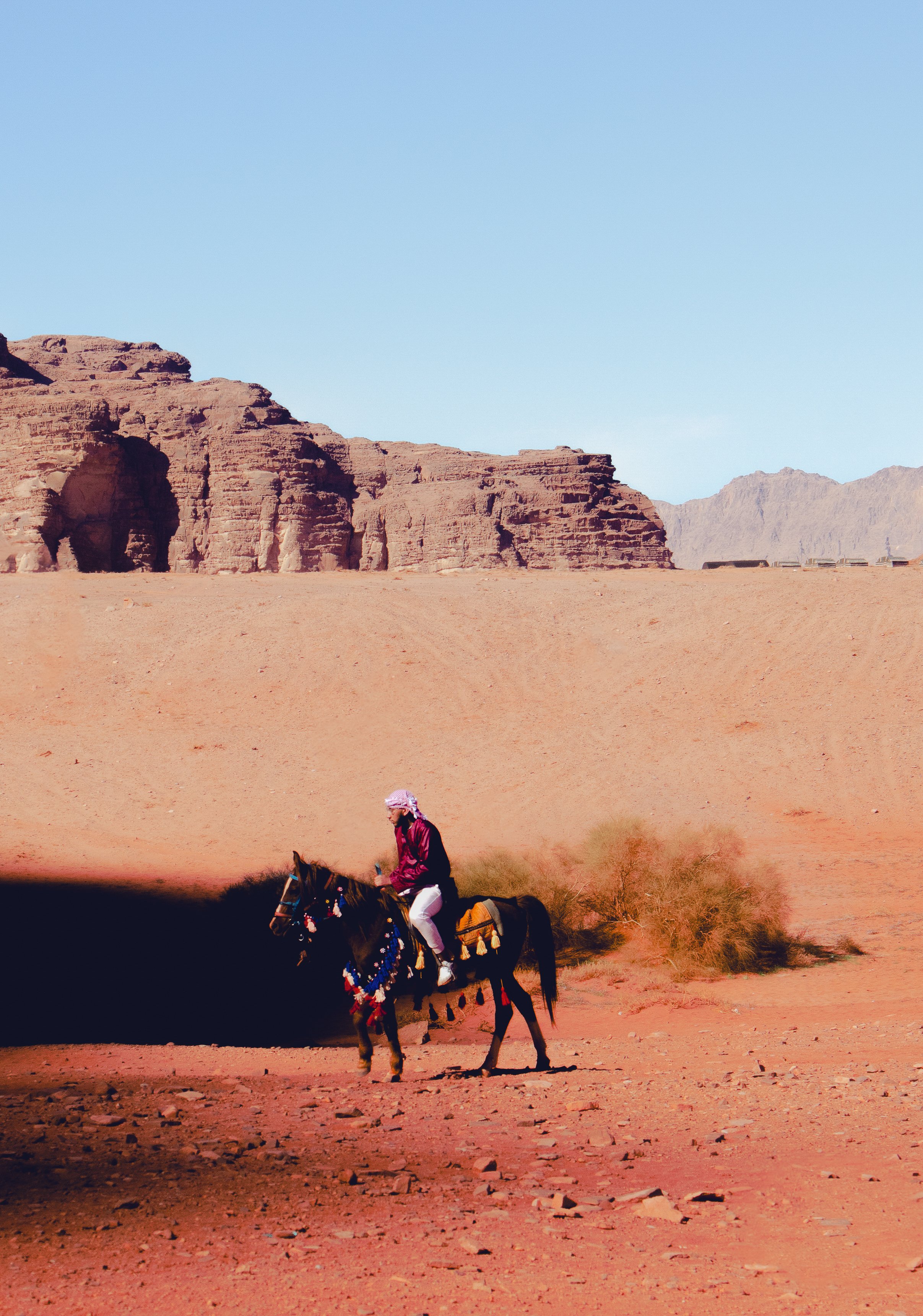 A person riding a decorated horse in a desert landscape with sandstone formations and a clear blue sky in the background.