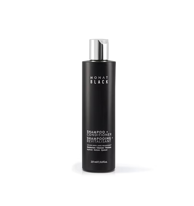 monat black shampoo and conditioner in a black bottle