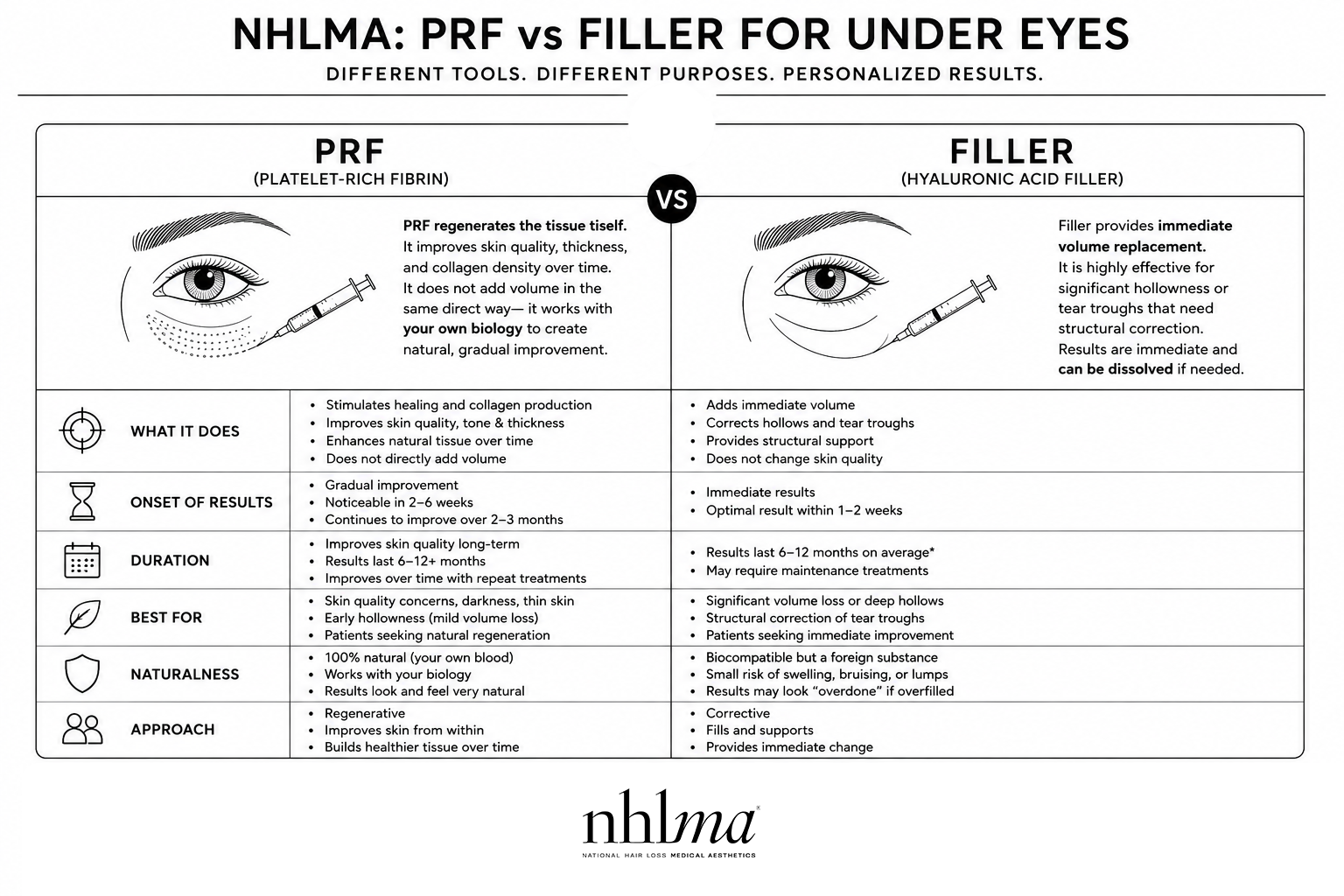 a diagram of prf vs filler for under eyes