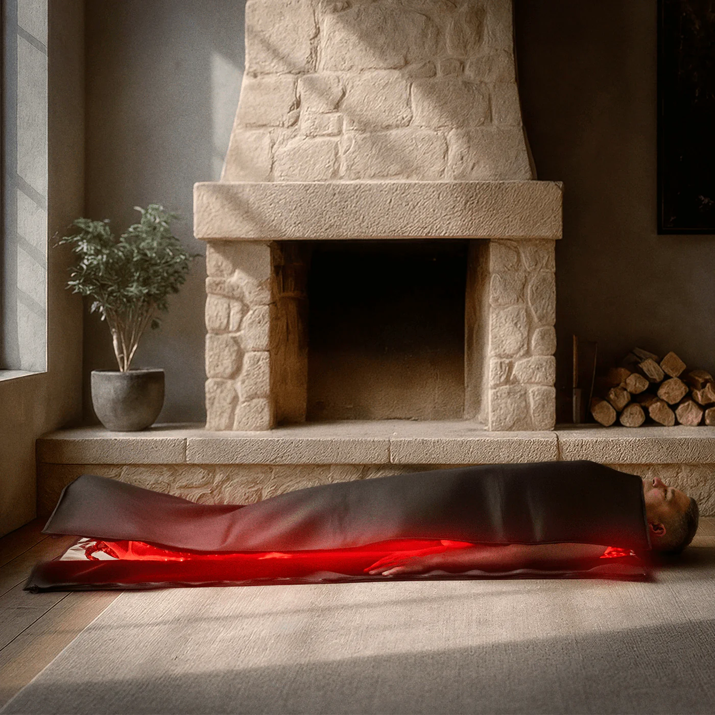 man laying on the floor inside our infrared sauna pod