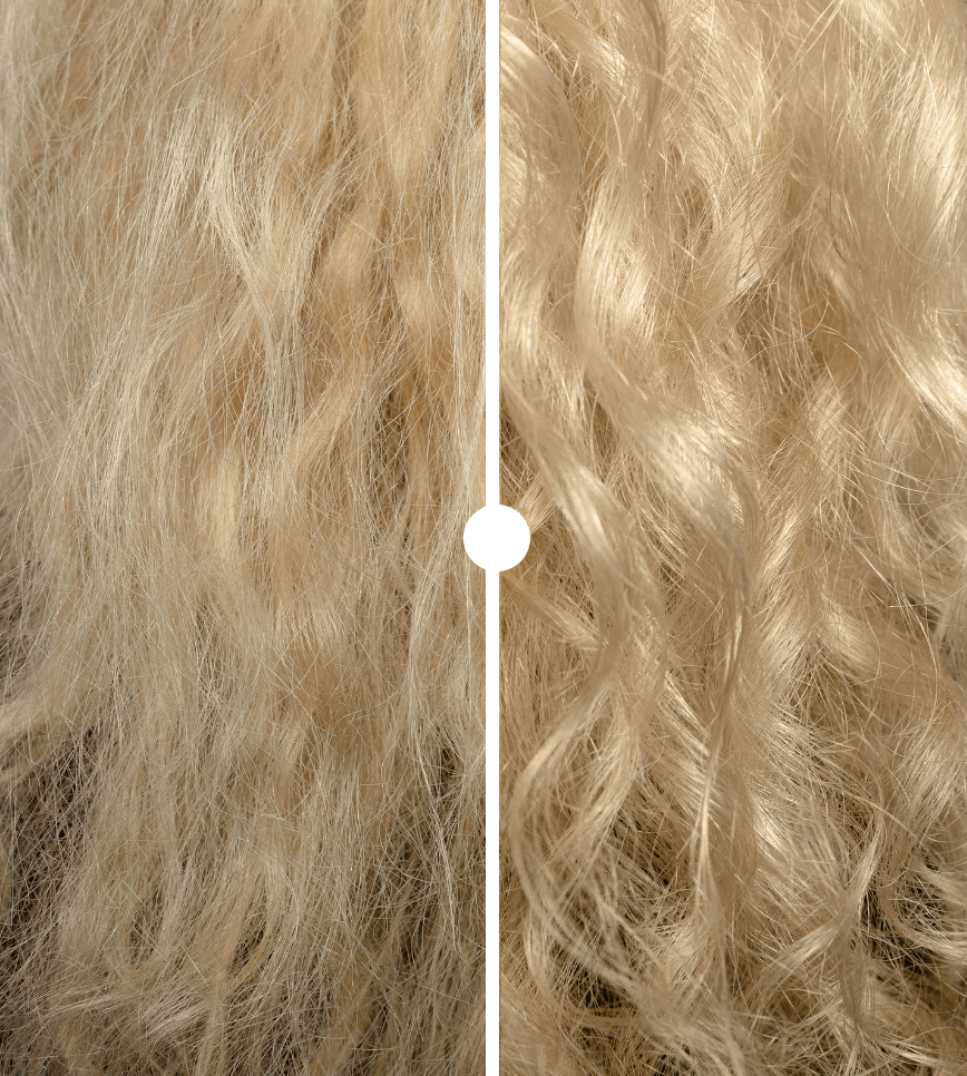 a before and after image of blonde hair after using shampoo for damaged hair