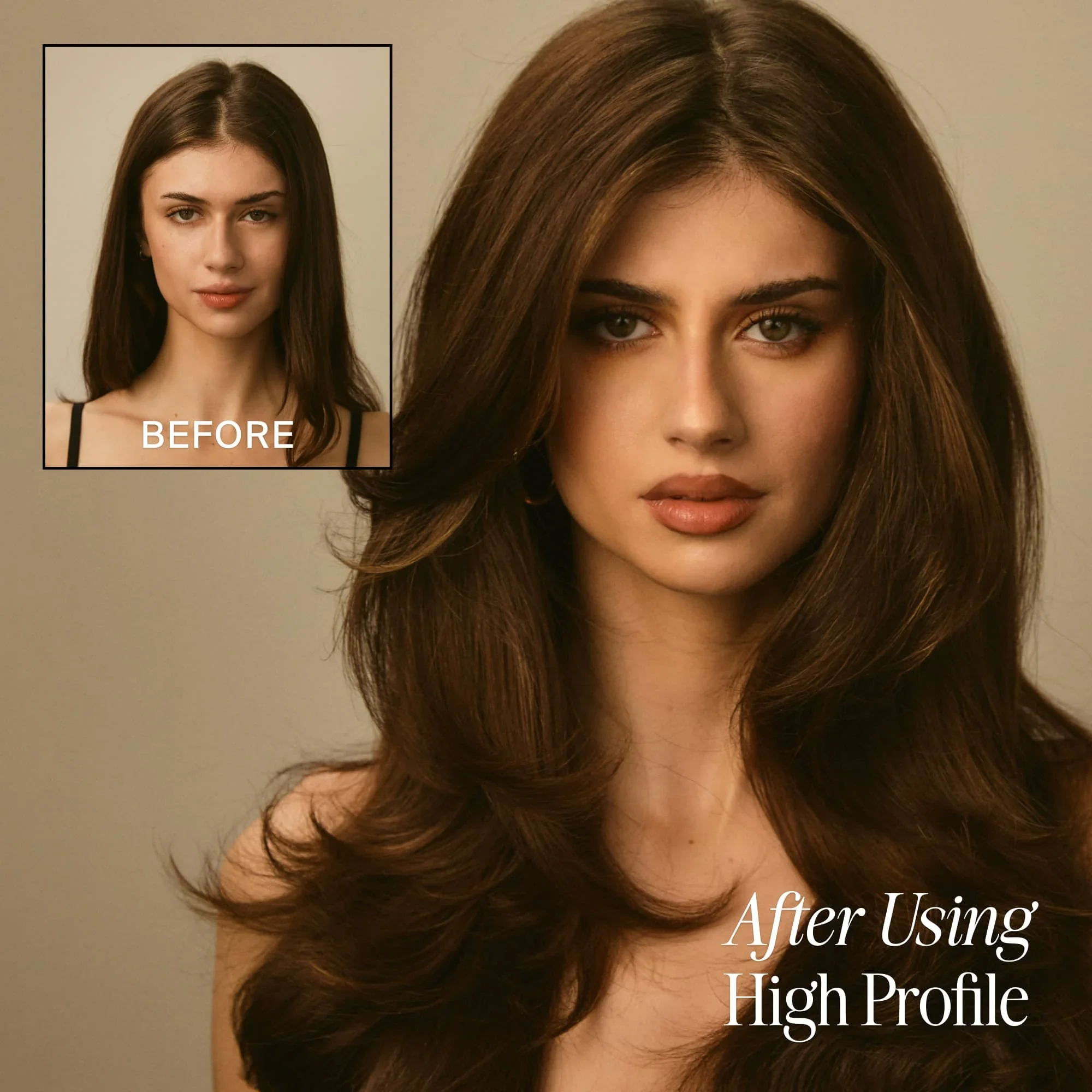 a before and after image of a woman who used volume root spray on her hair