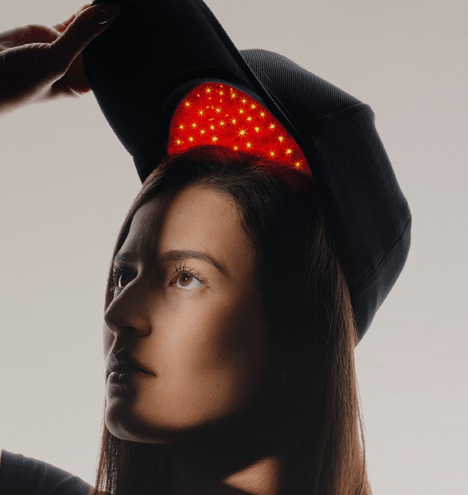 a woman wearing a red light therapy hat for hair growth