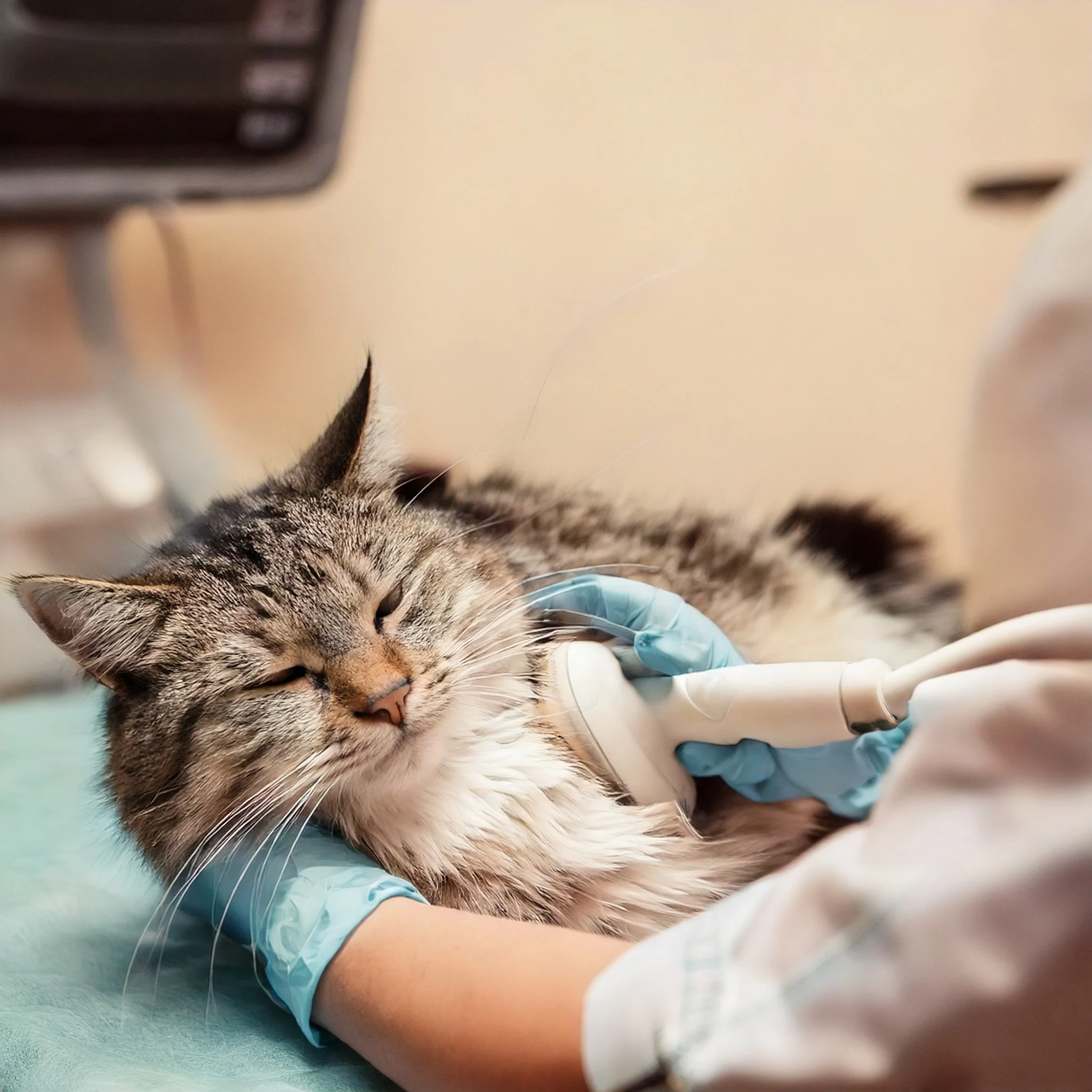 Gato deitado em uma mesa durante um exame de ultrassom, com um veterinário segurando o aparelho e usando luvas azuis.