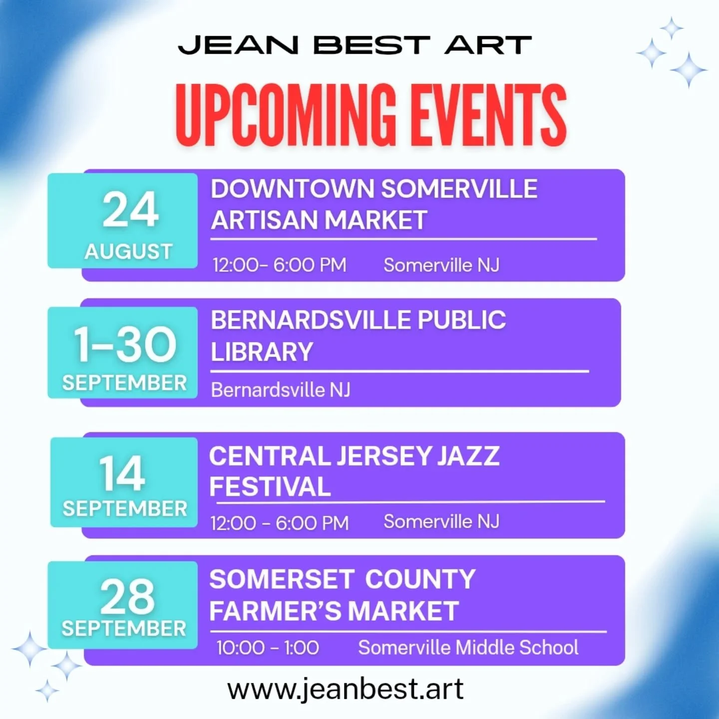 Hi Friends, check out my new schedule for upcoming events!! Hope we meet up soon! #downtownsomerville #somervilleartsnj #downtownsomervilleartisanmarket #bernardsvillepubliclibrary #somersetcountyregionalfarmersmarket #localtalent