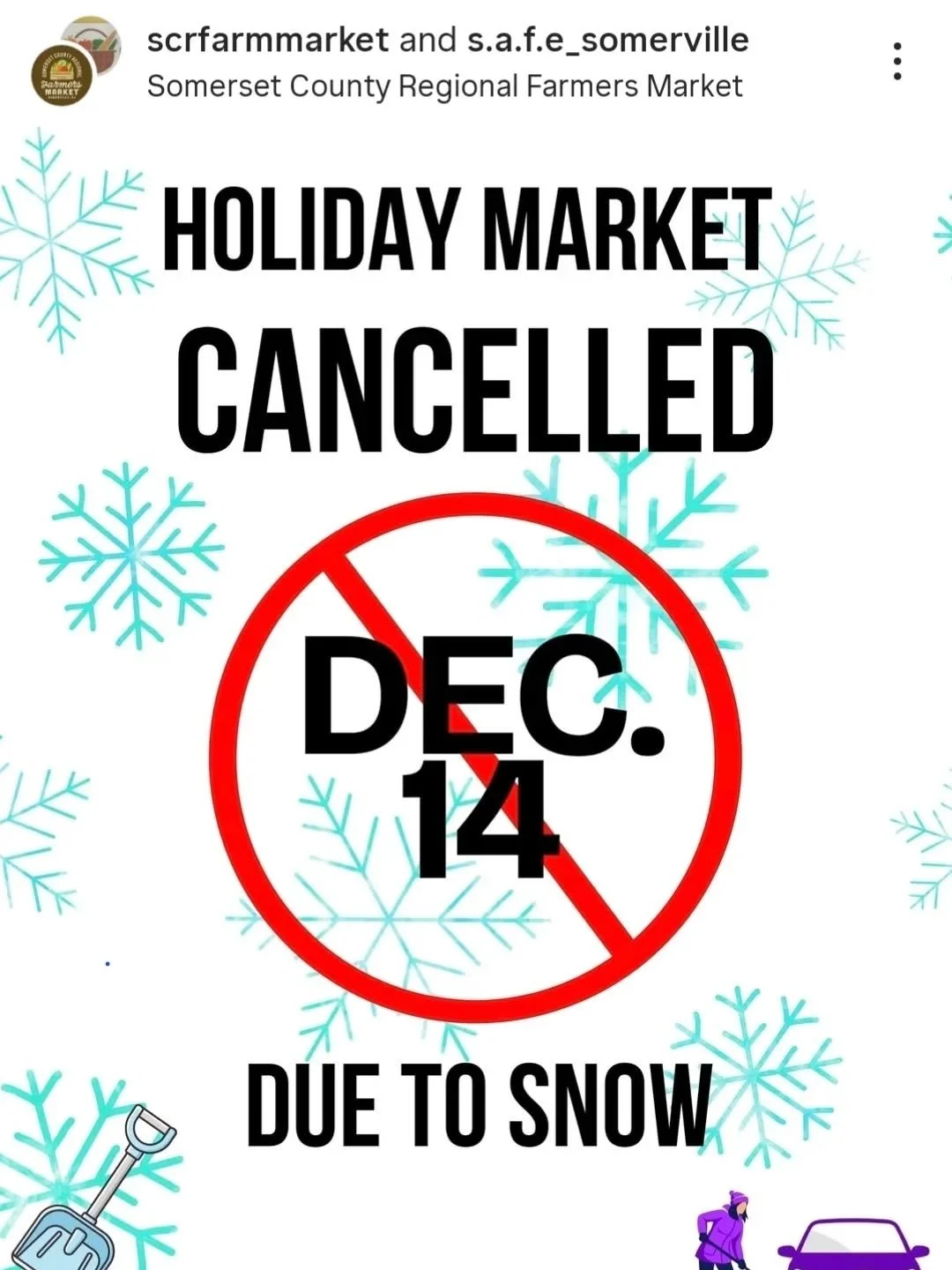 🌨️ Due to the snowstorm and hazardous road/driving conditionsin the area, there will be NO HOLIDAY MARKET today (Sunday Dec. 14). Follow us on Instagram and Facebook for future updates, and please stay safe! 💙

#Snow #MarketCancelled #Cancellation 