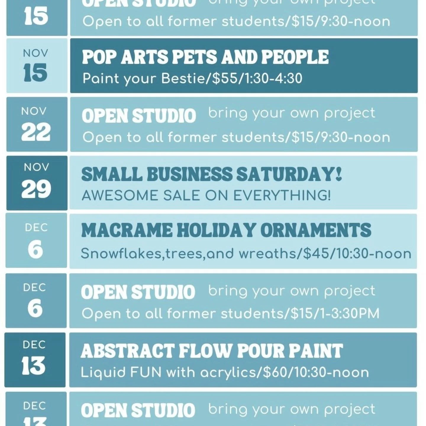 I am teaching a workshop this Saturday Dec 13 on Fluid Pour Paint techniques! 10:30-12 at Blue Marble Studio, Division St, Somerville. Still time to sign up!