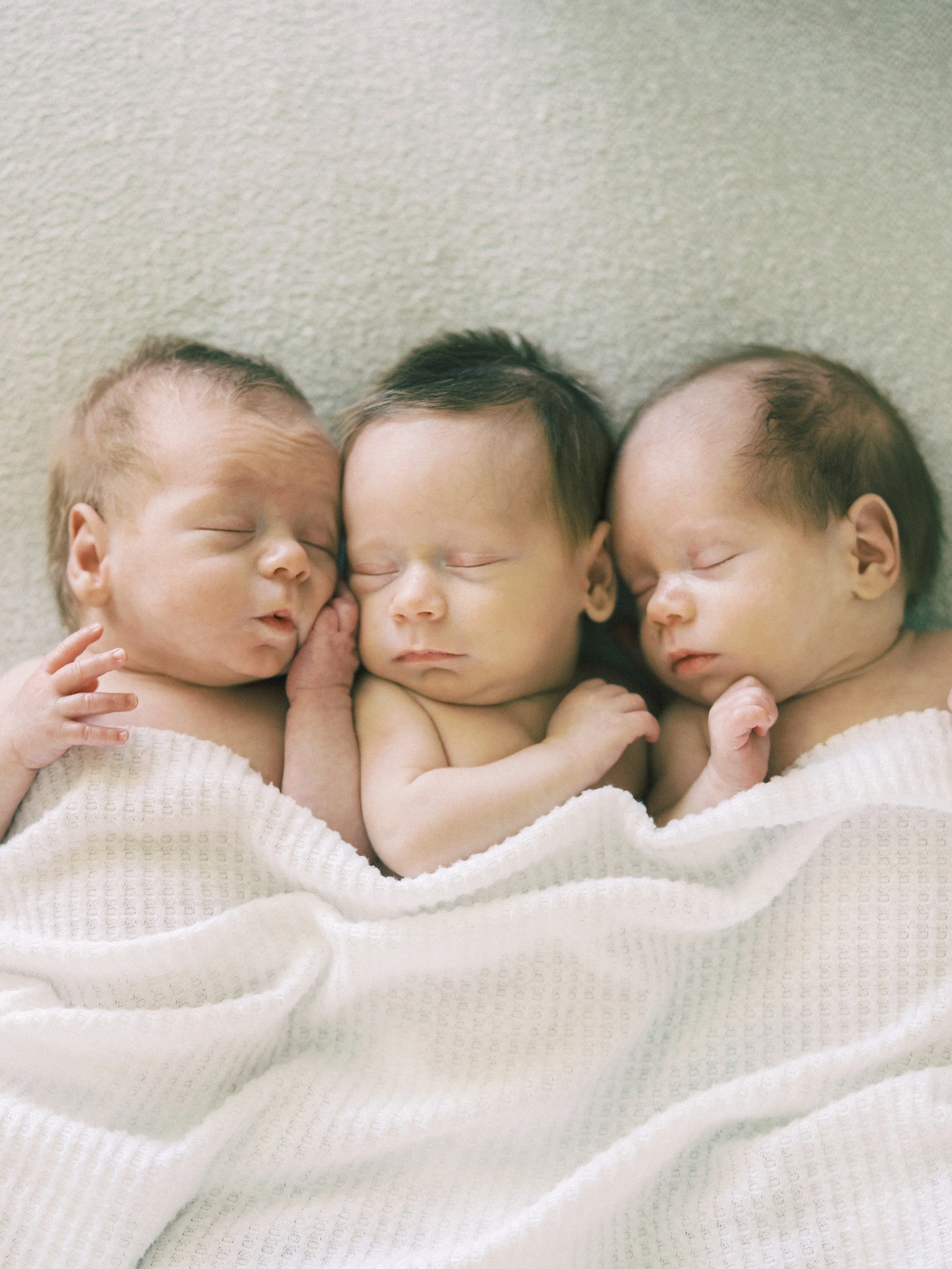 Three newborn babies sleeping closely together on a soft surface, partially covered with a white textured blanket.