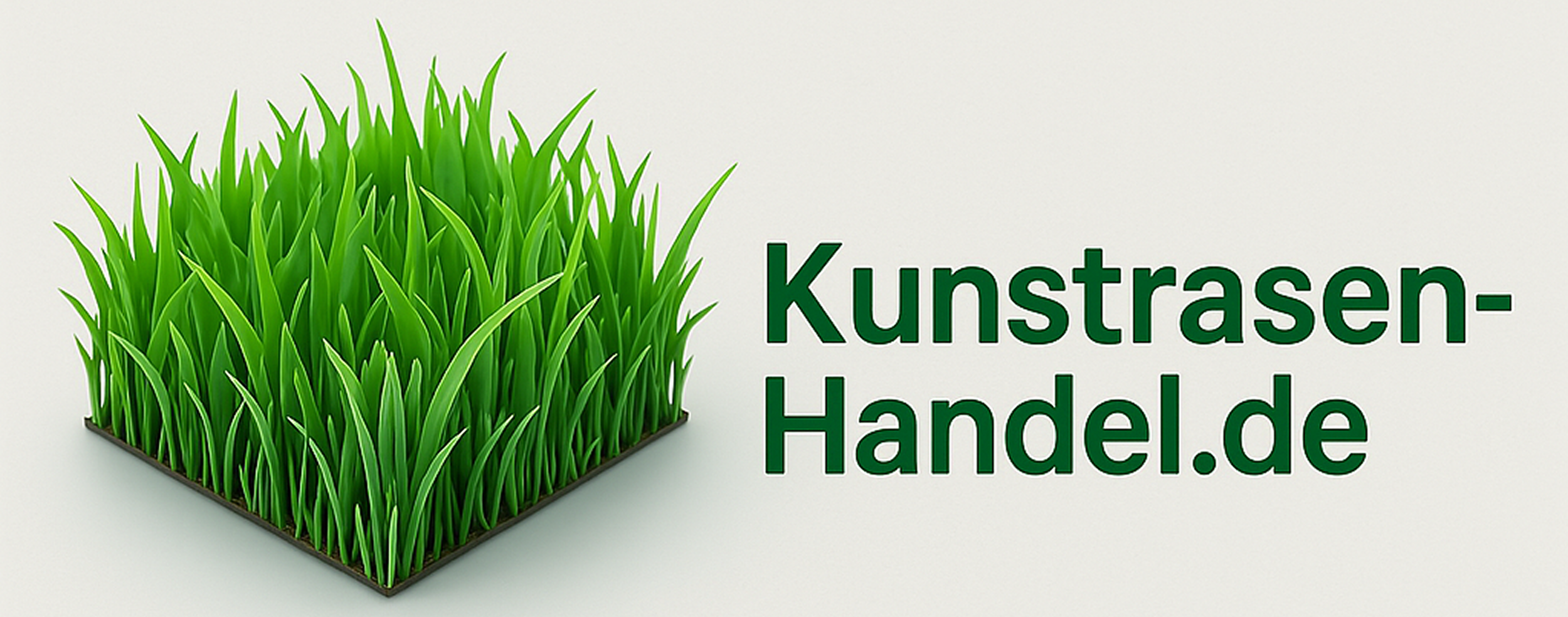 Kunstgras auf einer Platte mit Text 'Kunstrasen-Handel.de' auf grauem Hintergrund.