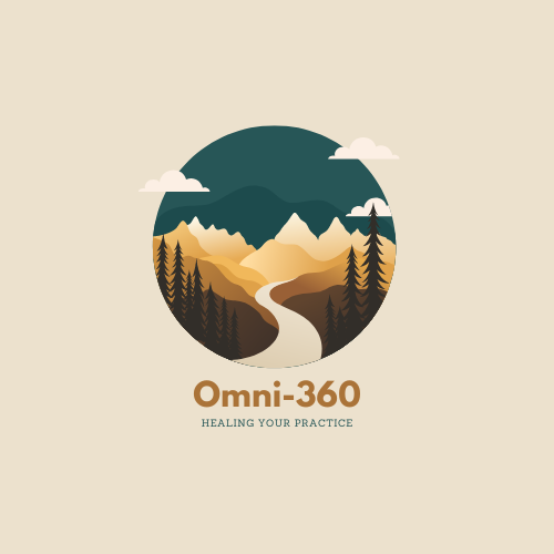 Logo featuring a circular illustration of mountains, pine trees, a winding river, and clouds, with the text 'Omni-360' and 'Healing Your Practice' beneath.