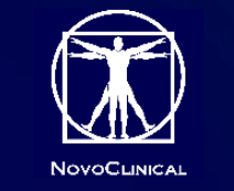 Logo of NovoClinical with a Vitruvian Man inside a circle on a blue background.