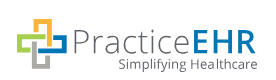 PracticeEHR logo with colorful interconnected squares and the slogan 'simplifying Healthcare'
