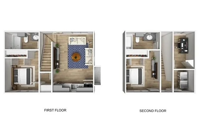Floor plans of a two-story house showing the first and second floors with various rooms including bedrooms, bathrooms, living room, and kitchen.