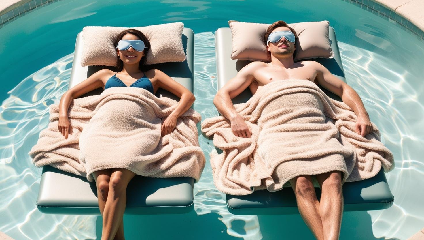 Picture please of couple floating listening to sound bath in pool on flat floats with eye masks and blankets relaxing.jpeg