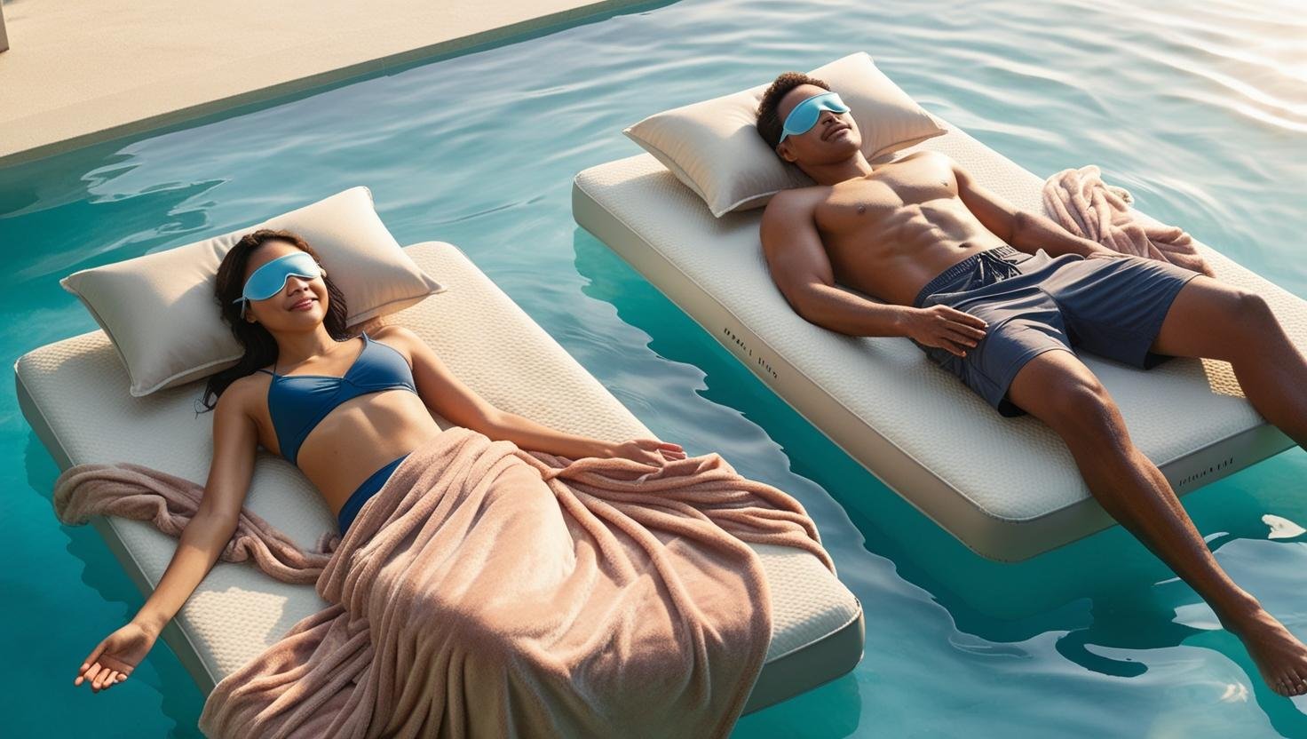 Ad picture of girl and guy at floating sound bath on mat in water with eye masks and blankets in twin mattresses.jpeg