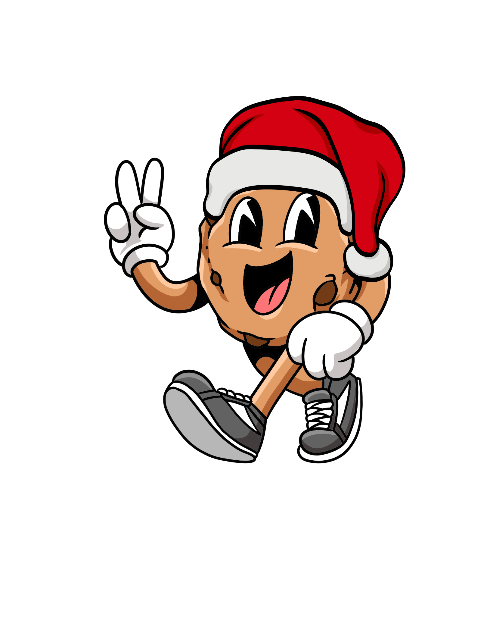 Cartoon character of a chocolate chip cookie with a Santa hat, smiling and making a peace sign with one hand.