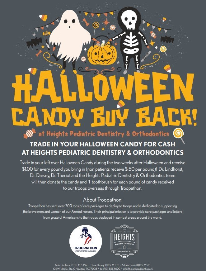 Halloween-themed poster promoting candy buy-back event at Heights Pediatric Dentistry & Orthodontics, featuring a ghost and skeleton holding a pumpkin, with festive decorations and text about a donation program for troops.