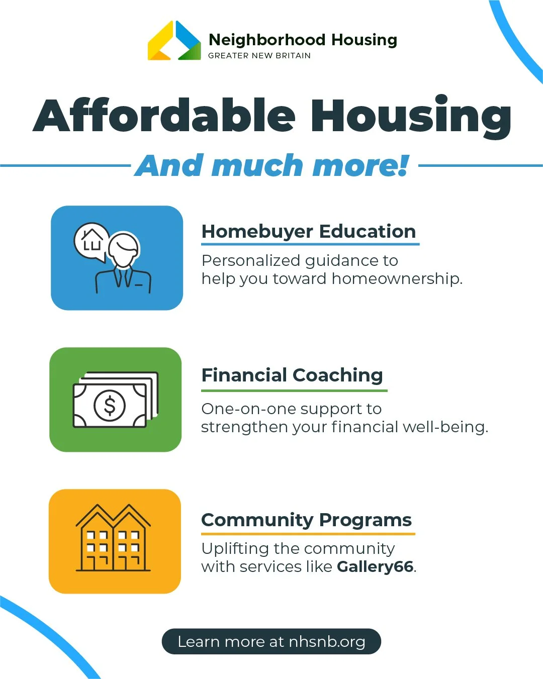 Alongside our affordable housing, we also offer a variety of free services including...

🏡 Homebuyer Education: Workshops and personalized counseling can help you take your next step toward homeownership. 

💵 Financial Coaching: Our staff can coach