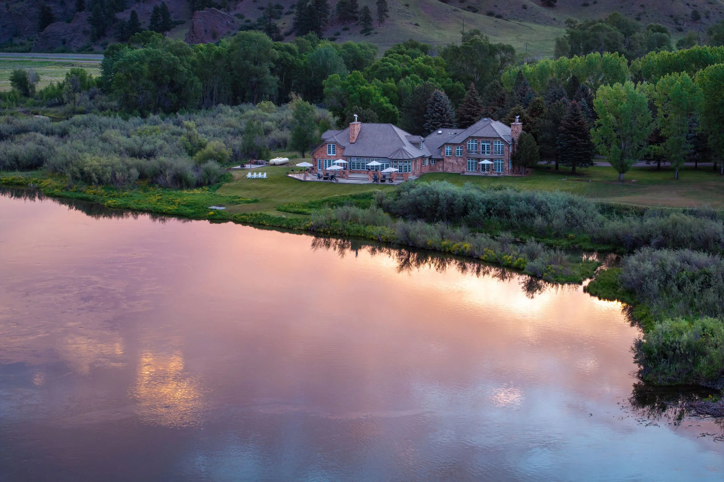 Rivenrock Lodge exterior at sunset