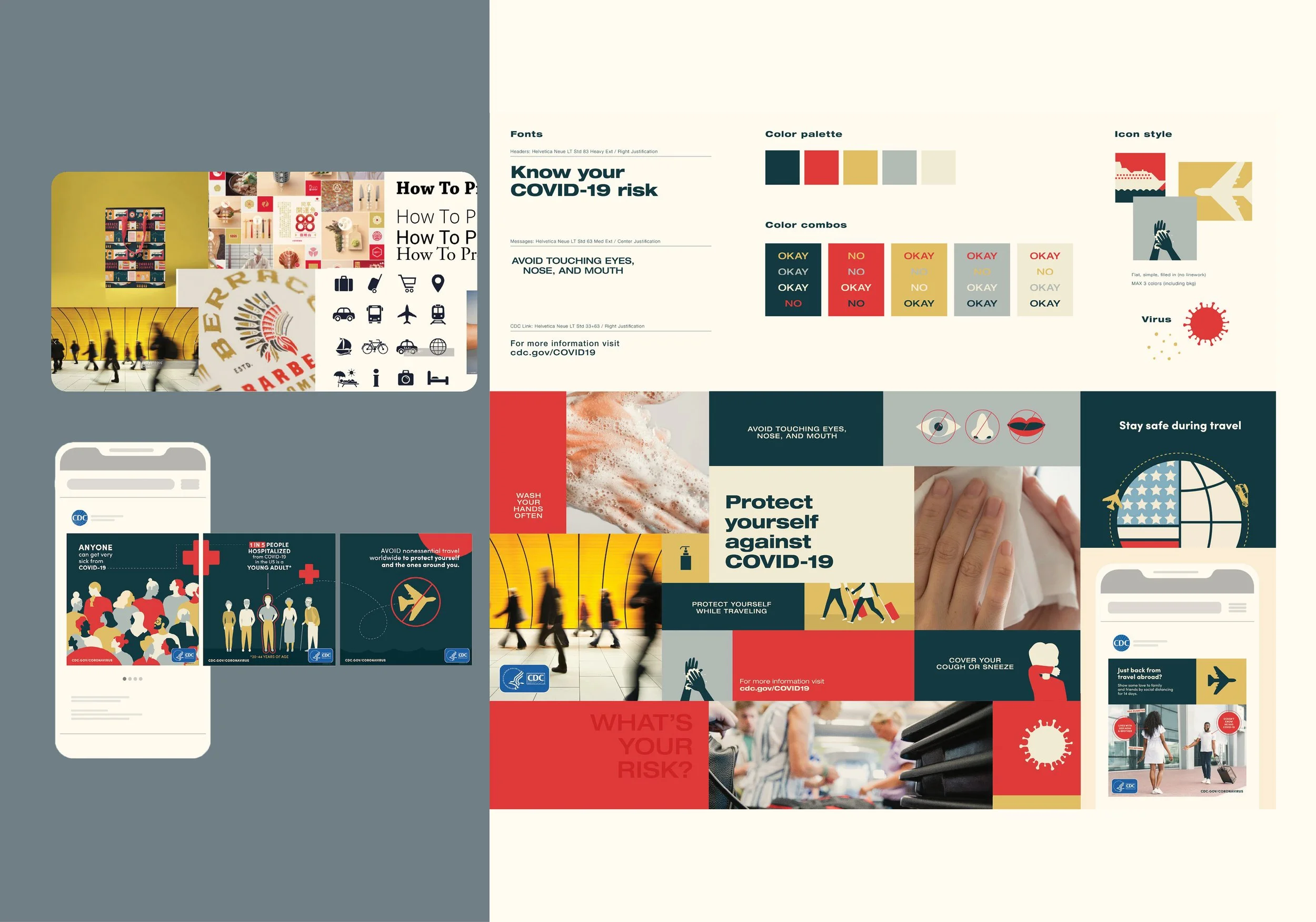 COVID-19 public health infographic featuring safety guidelines, risk assessment, and prevention tips, including social distancing, mask-wearing, handwashing, and travel safety messages.