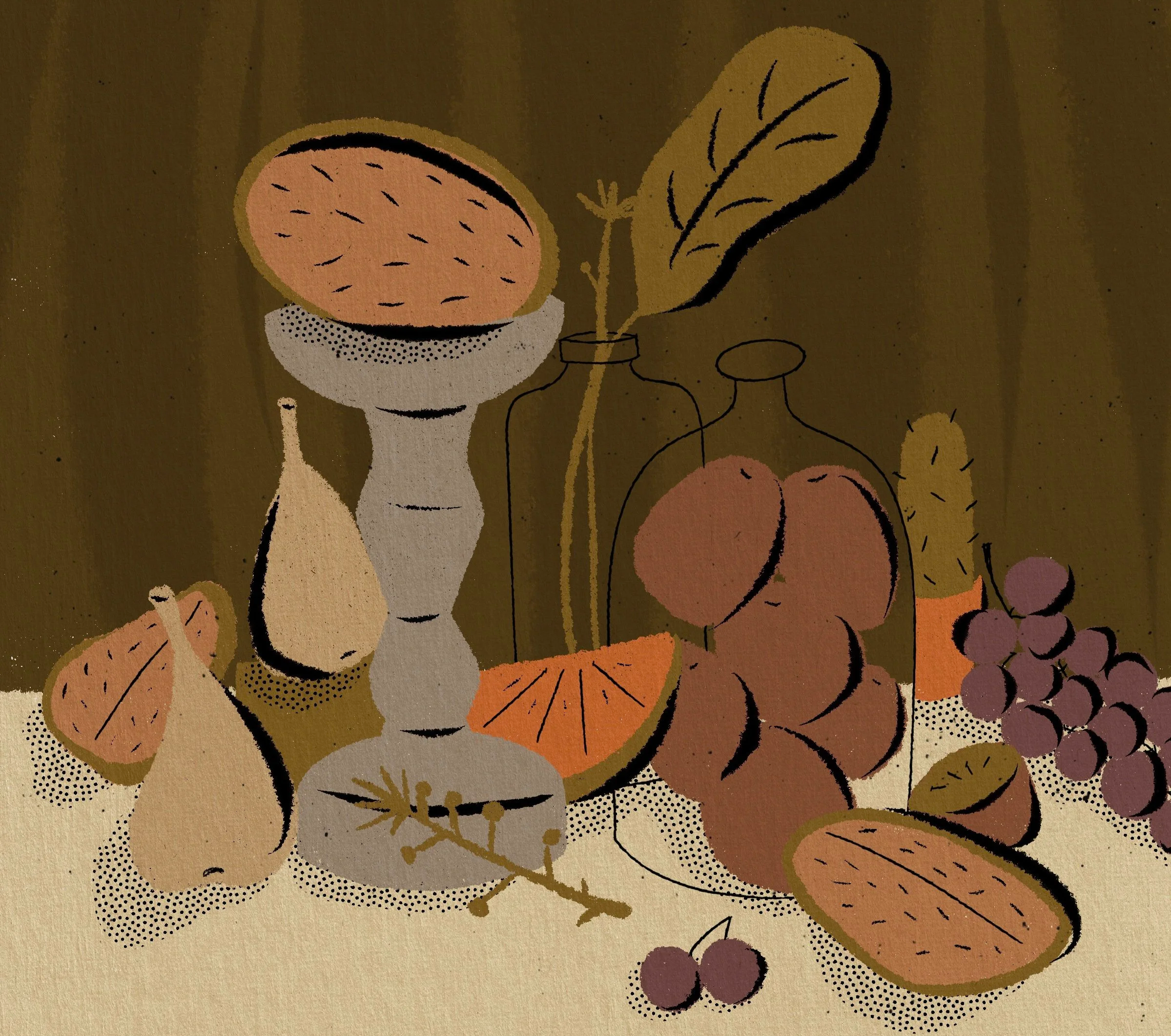 Abstract still life of fruits and vases, including grapes, peaches, melons, and a cut orange, arranged on a table with a dark background.