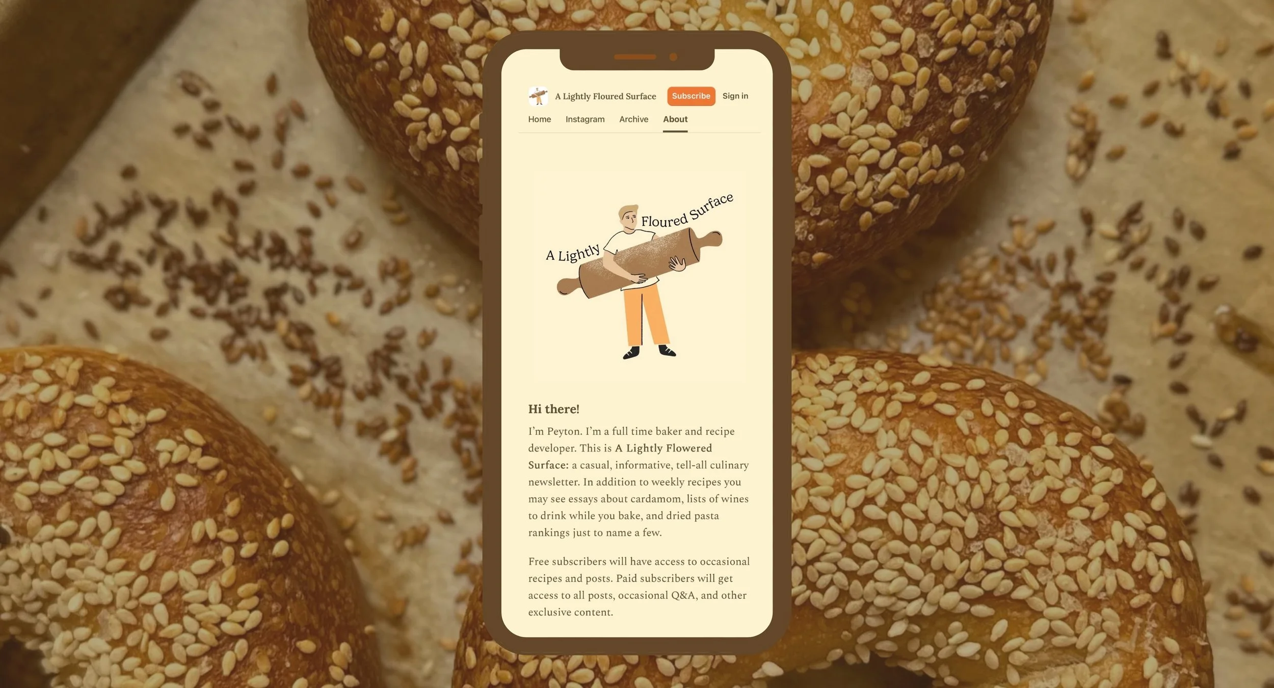 A smartphone displays a webpage titled 'A Lightly Floured Surface' with an illustration of a baker holding a rolling pin, set against a background of sesame seed-covered baked goods.