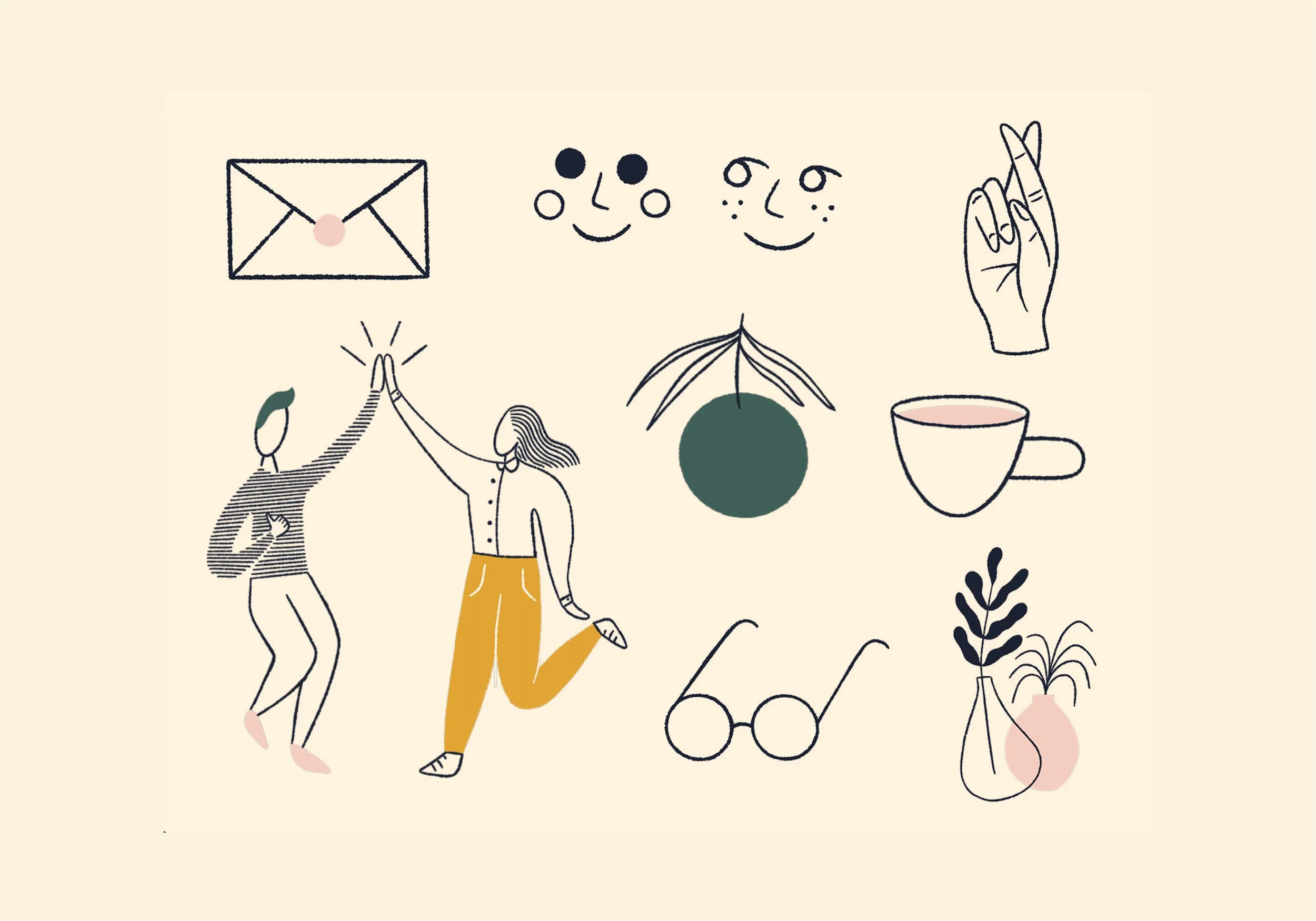 Line art illustration of various objects and characters, including an envelope, smiling faces, a hand making a finger heart gesture, a person giving a high five to another person, a hanging plant, a cup, glasses, and potted plants.