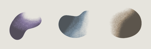 Three abstract, irregularly shaped blobs in purple, blue, and brown against a light background.