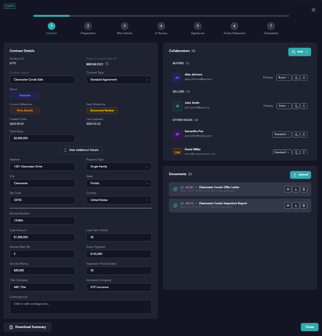 Digital real estate contract management software interface showing contract details for a Clearwater condo sale, including party roles, documents, and milestones.