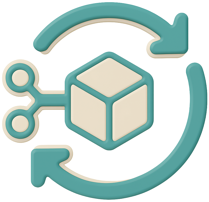 A cube with arrows and scissors icon around it, representing a process of editing or refreshing a 3D object.