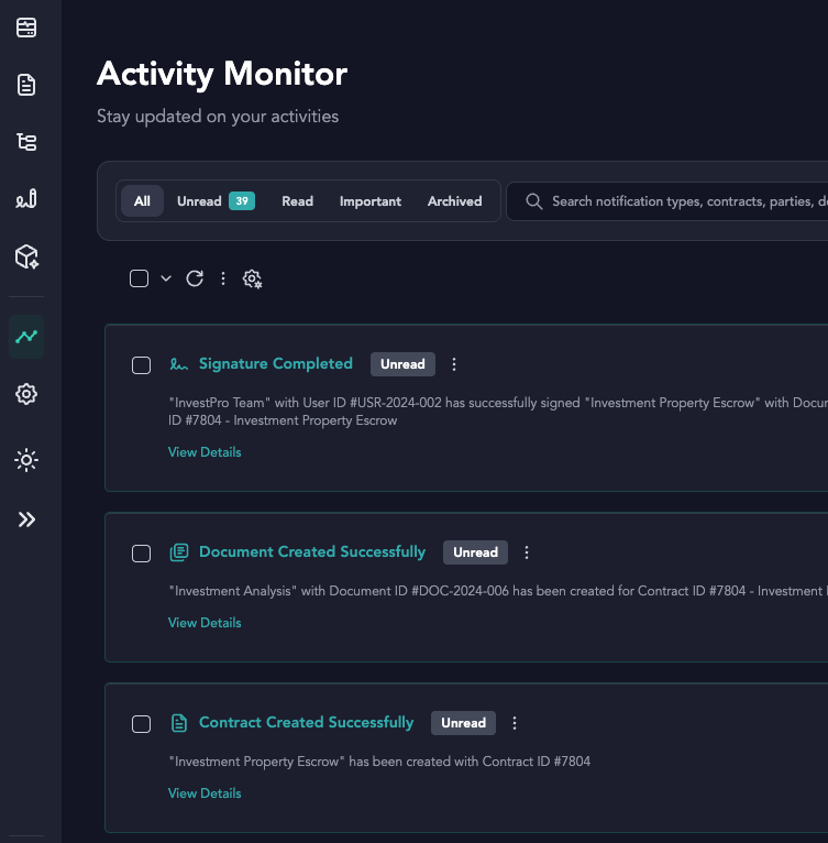 Screenshot of an activity monitor dashboard showing notifications for document signing, creation, and contract success, with unread alerts and activity details.