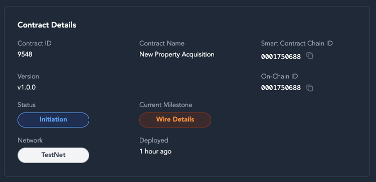 Screenshot of a blockchain contract details page showing contract ID 9548, contract name 'New Property Acquisition', version v1.0.0, status Initiation, network TestNet, deployed 1 hour ago, with smart contract chain ID 0001750688 and on-chain ID 0001750688, and current milestone 'Wire Details'.