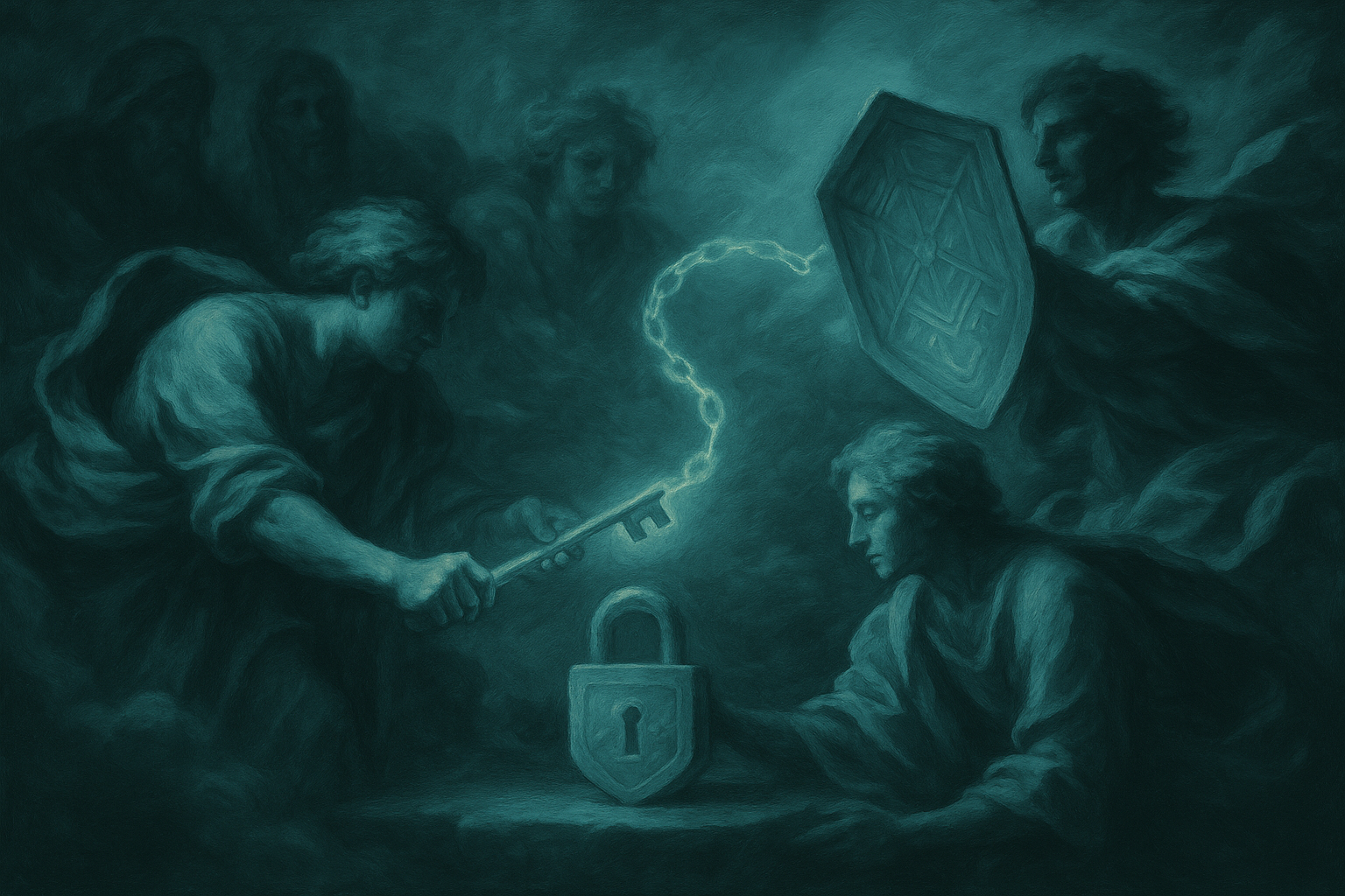 A fantasy scene depicting a young woman and a man with a shield, engaged in a magical act with otherworldly beings and a glowing key connecting their hands, symbolizing unlocking a lock.