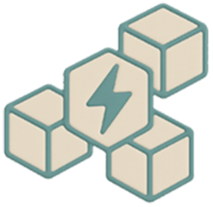 A stylized graphic of five cubes with a lightning bolt symbol on the center cube.
