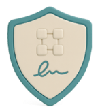 A shield-shaped badge with a light blue border, beige background, and a computer network diagram with interconnected squares. There is also a signature line at the bottom.