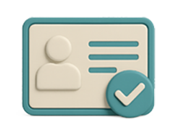 Icon of an identification card with a person's silhouette and text lines, accompanied by a checkmark.