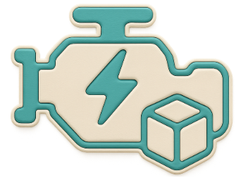 Cartoon battery icon with a lightning bolt and a cube