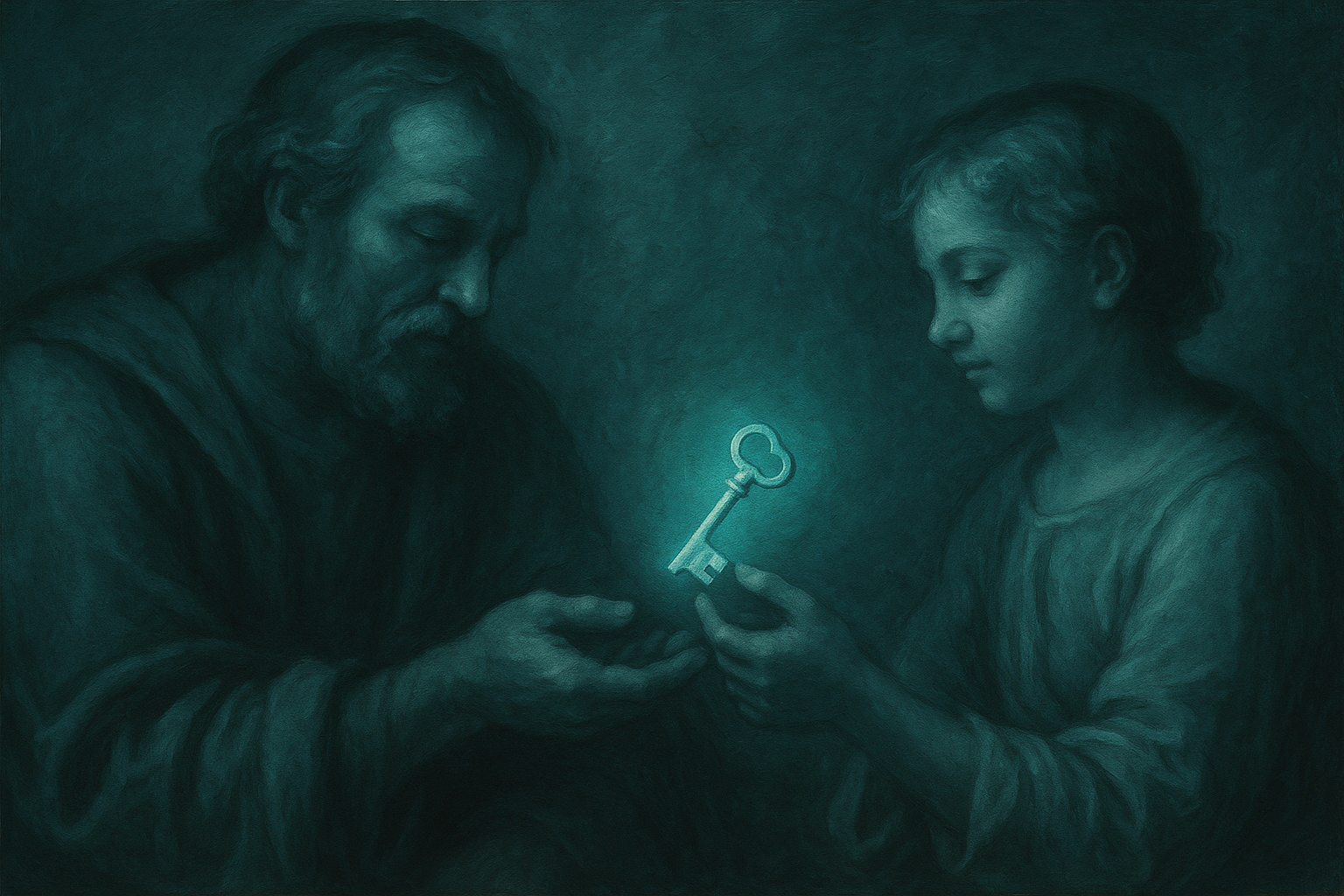 A digital painting of a man and woman sharing a moment, with the woman giving the man a glowing key, symbolizing the unlocking of a connection or secret.