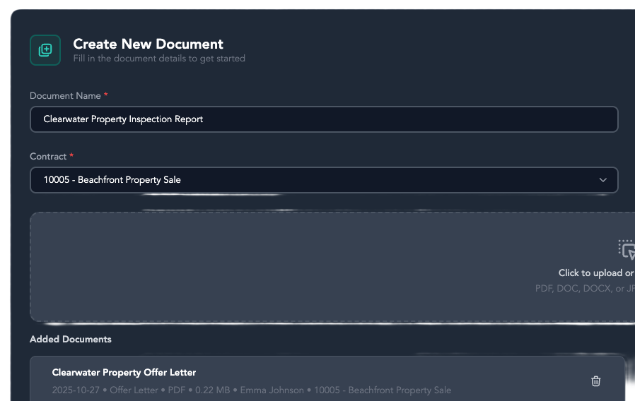 Screenshot of a digital form for creating a new document titled 'Create New Document'. It includes fields for document name labeled 'Clearwater Property Inspection Report' and contract labeled '10005 - Beachfront Property Sale'. There's a large area for uploading files, with a section for added documents showing a 'Clearwater Property Offer Letter' PDF and details about the file, including date, name, and size.