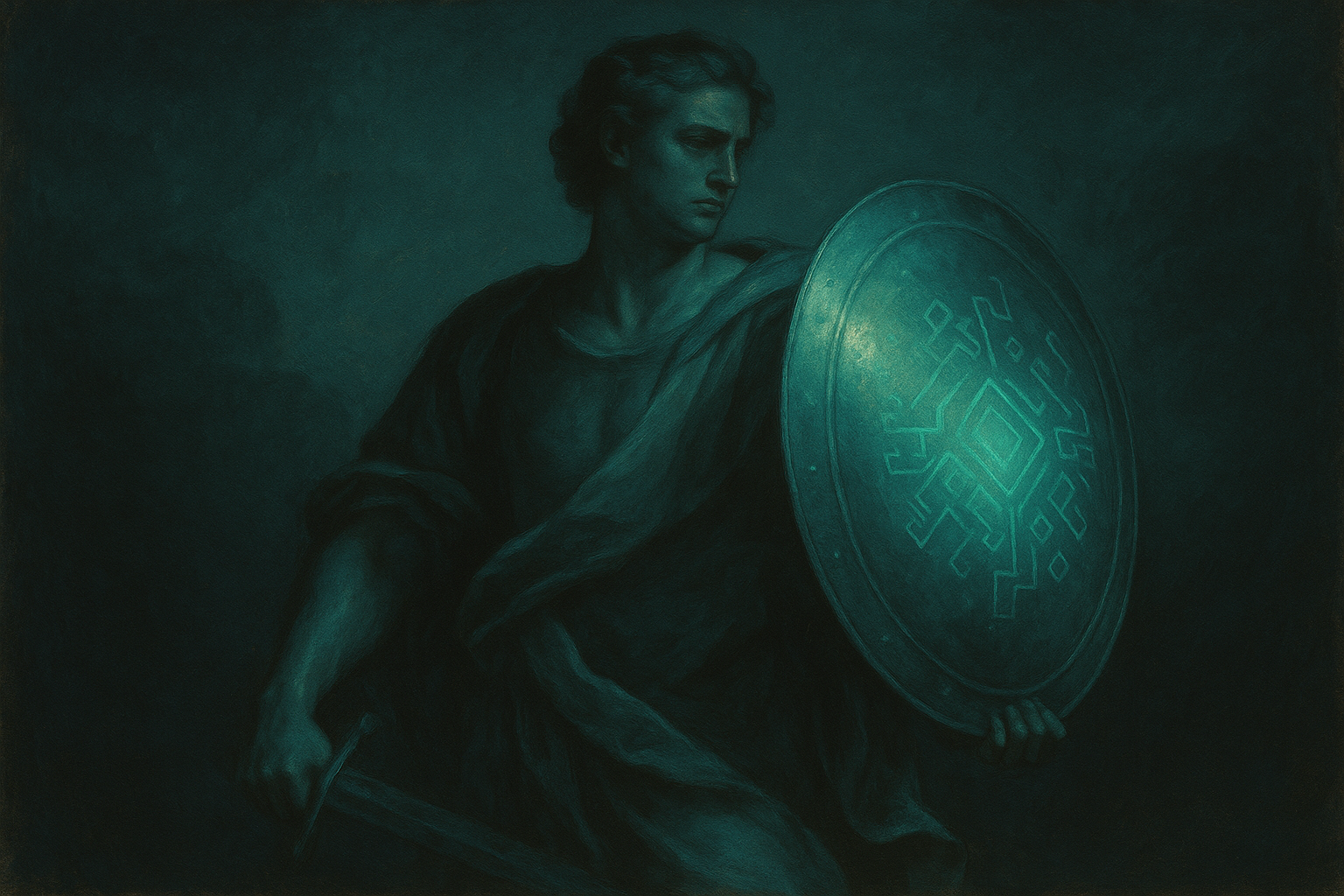 A dark, moody painting of a woman with short, curly hair holding a shield with a geometric symbol, dressed in a flowing garment, with a sword in the other hand.