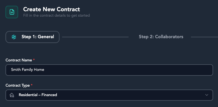 Screenshot of a contract creation webpage with fields for contract name 'Smith Family Home' and contract type 'Residential - Financed'.