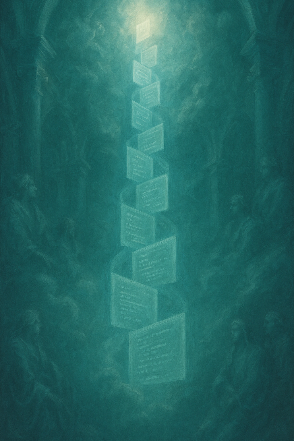 Abstract mural of an upward spiraling chain of glowing digital screens on a teal background, with faintly visible people in the background.