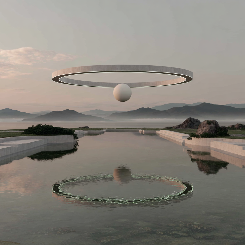 Futuristic landscape featuring a large circular structure with a suspended sphere in the center, reflected in a water body, with mountains and cloudy sky in the background.