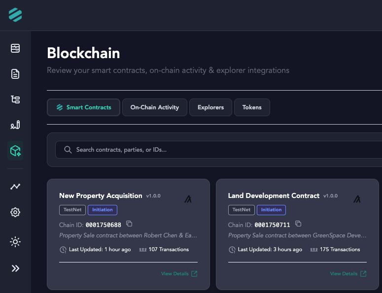 Screenshot of a blockchain platform interface focusing on smart contracts, on-chain activity, explorers, and tokens. Displays two property sale contracts with chain IDs, status tags, last updated times, and transaction counts.